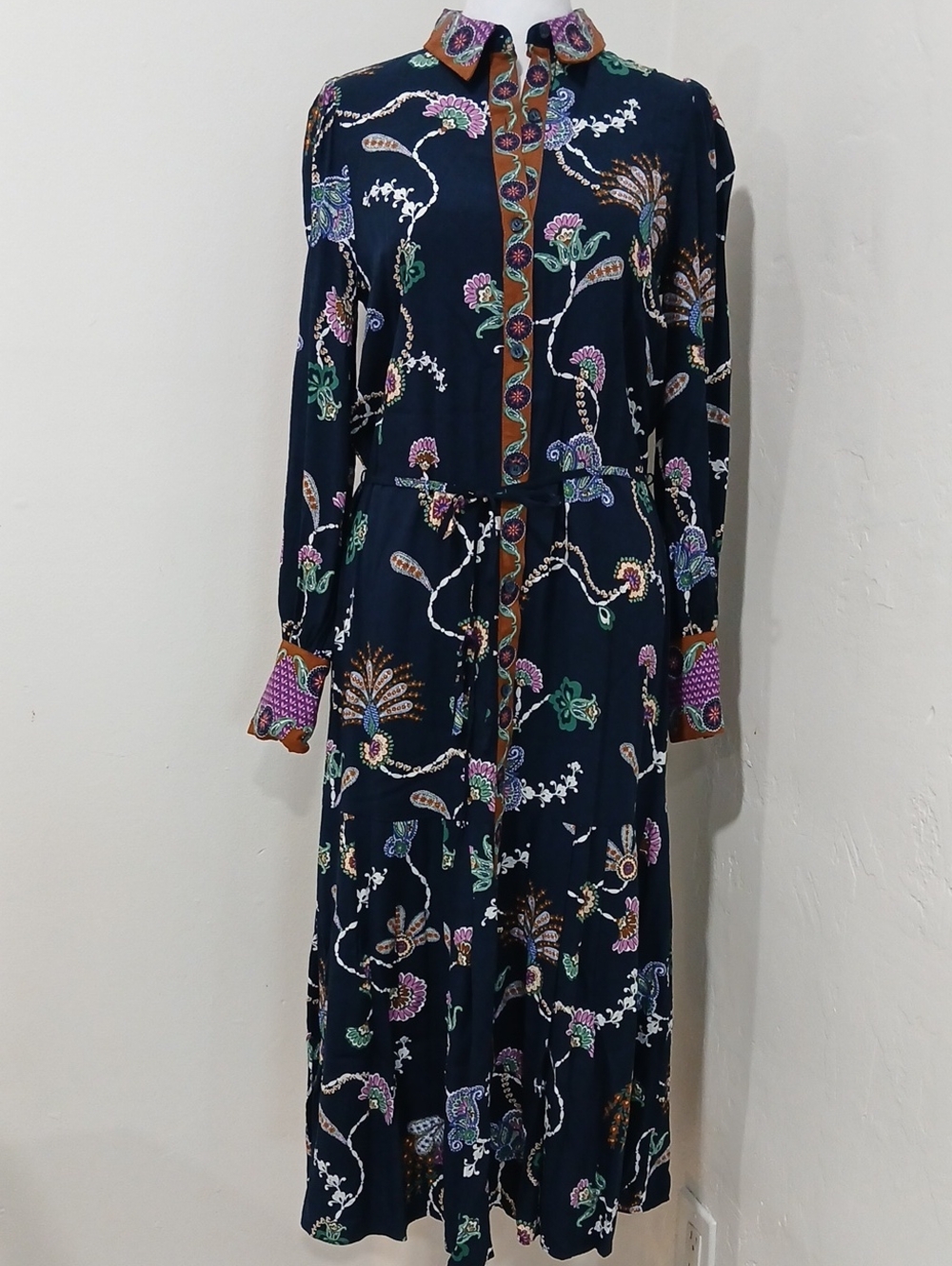LOFT Navy Floral Long-Sleeve Button Front Midi Dress